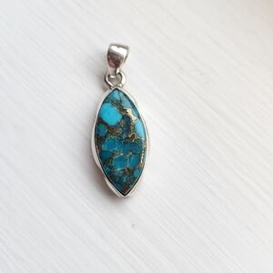 Beautiful Blue Copper Turquoise & 925 Sterling Silver Necklace Pendant, Marquise